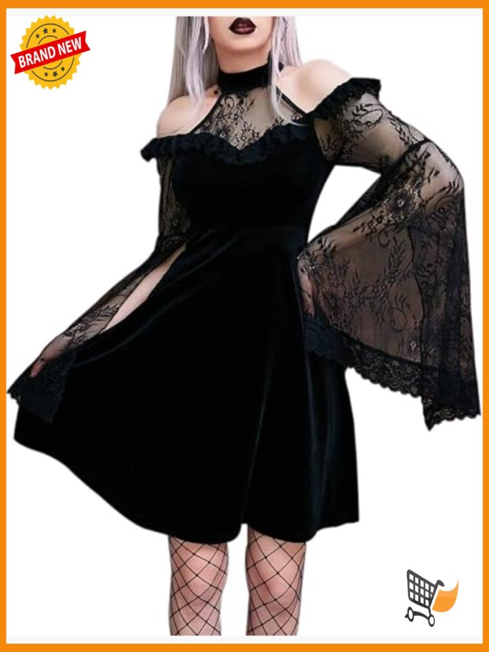 Gothic Lace Split Sleeve Cold Shoulder Mesh Dress